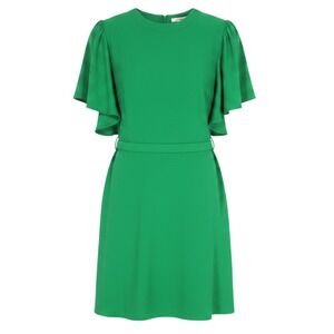NWT TCEC Green CREPE Flutter Sleeves SLIT BACK Tie Belt SHEATH MINI DRESS Sz M
